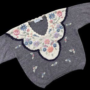 Vintage Sweater 90s Floral Embroidered Gray Cream Large Maggie Lawrence Sport